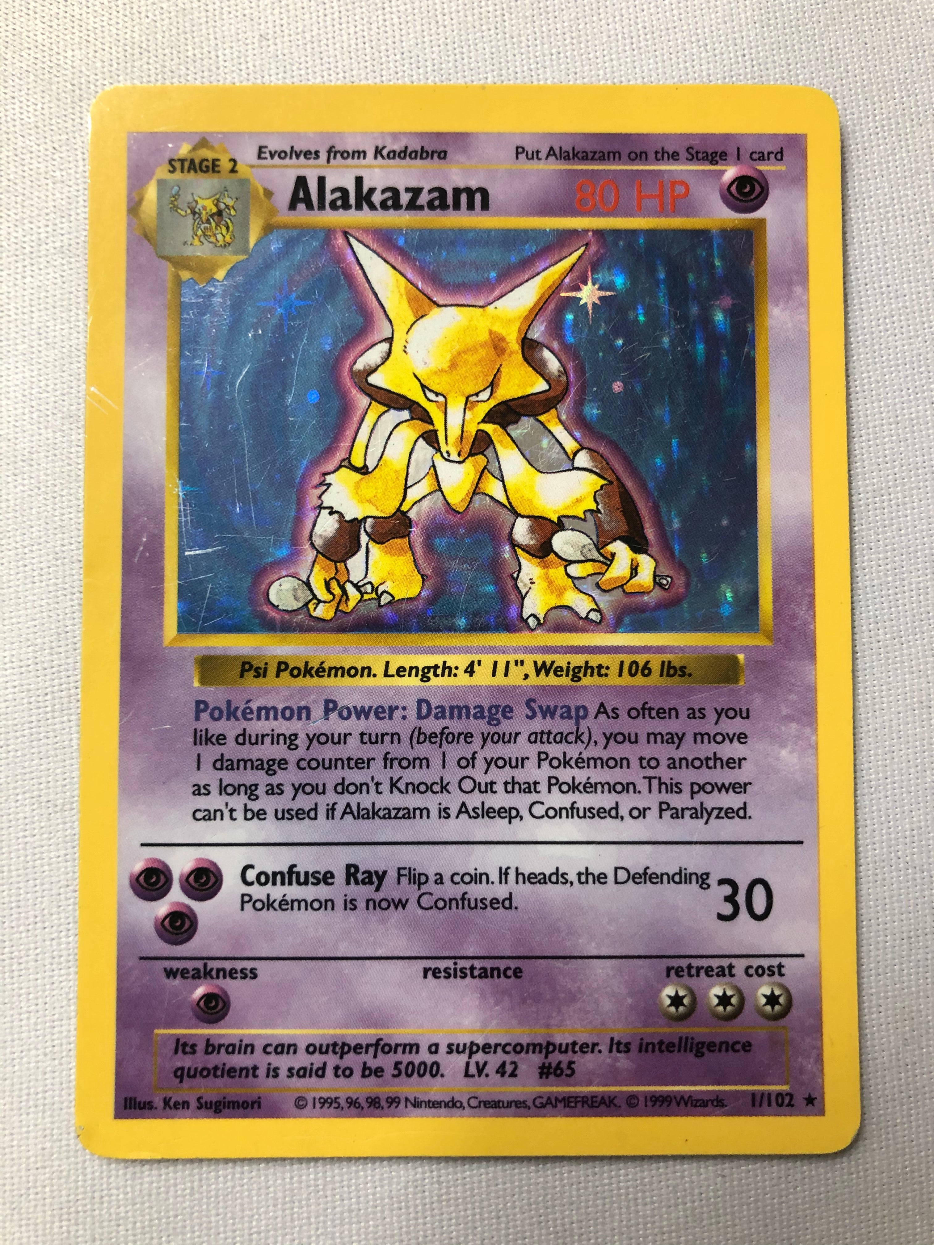 Alakazam 1/102 Shadowless Base Set Holo Rare Pokemon Card Near Mint