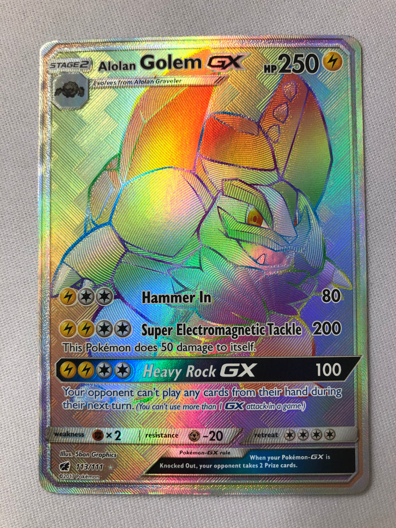 Alolan Golem GX 113/111 Rainbow Hyper Secret Rare Pokemon Card Near Mint