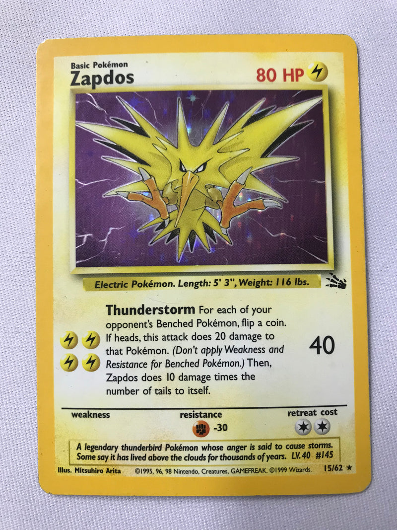 Zapdos 15/62 Fossil Set Holo Rare Pokemon Card Near Mint/Excellent