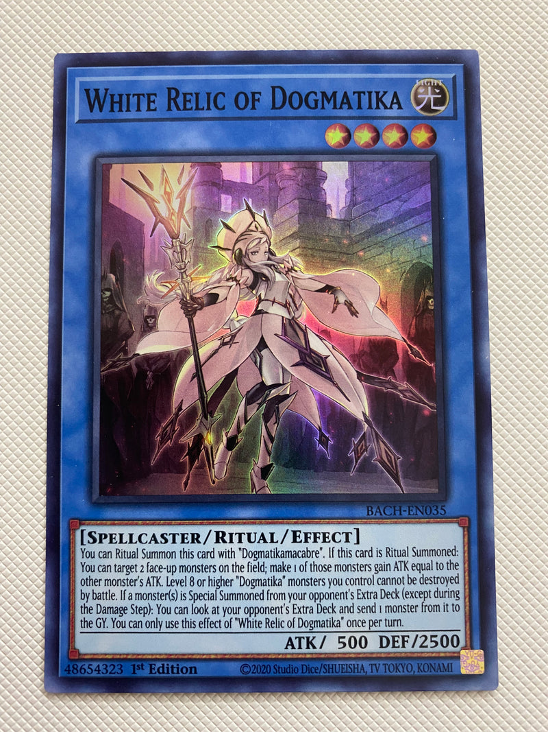 Yugioh White Relic of Dogmatika BACH-EN035 Super Rare 1st Edition Naer Mint