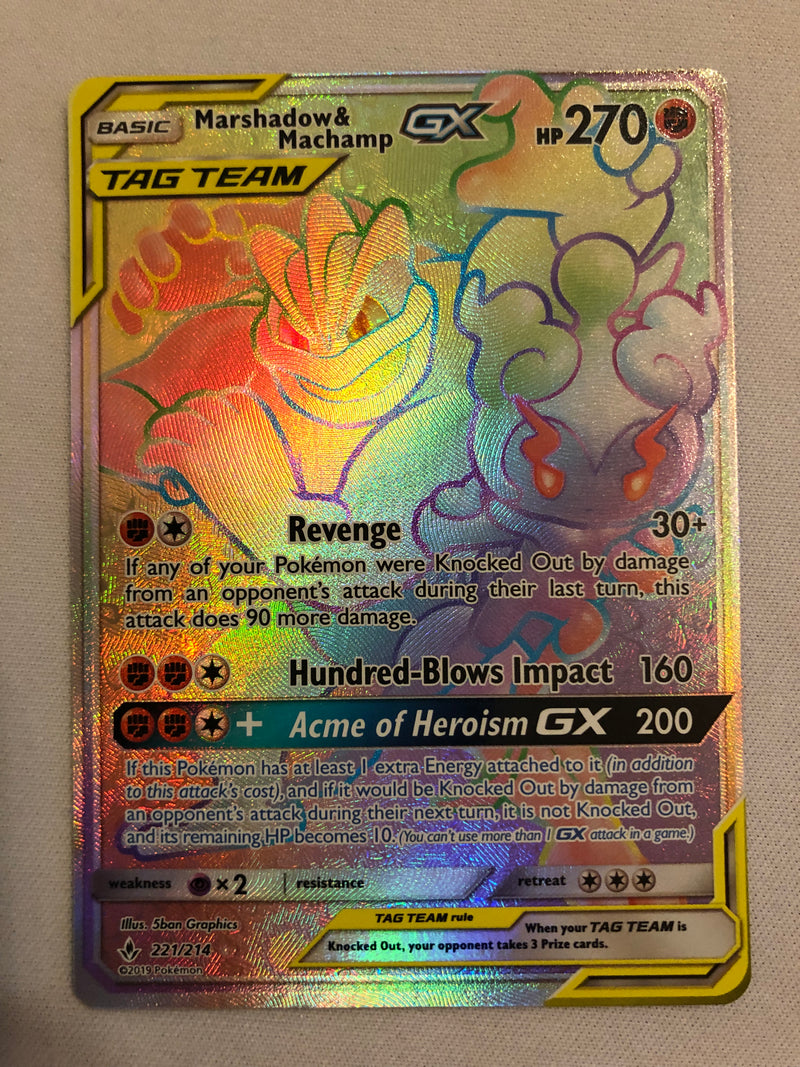 Marshadow & Machamp GX 221/214 Secret Rainbow Rare Pokemon Card Near Mint