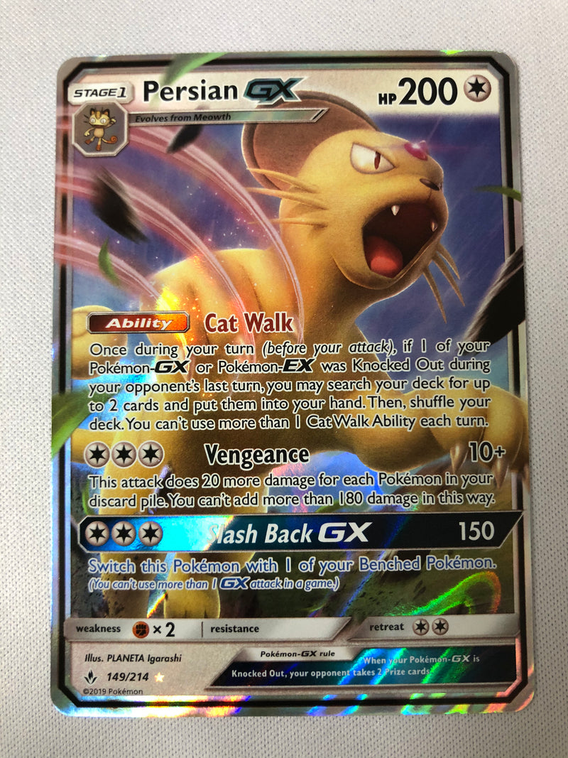 Persian GX 149/214 Holo Ultra Rare Unbroken Bonds Pokemon Card Near Mint