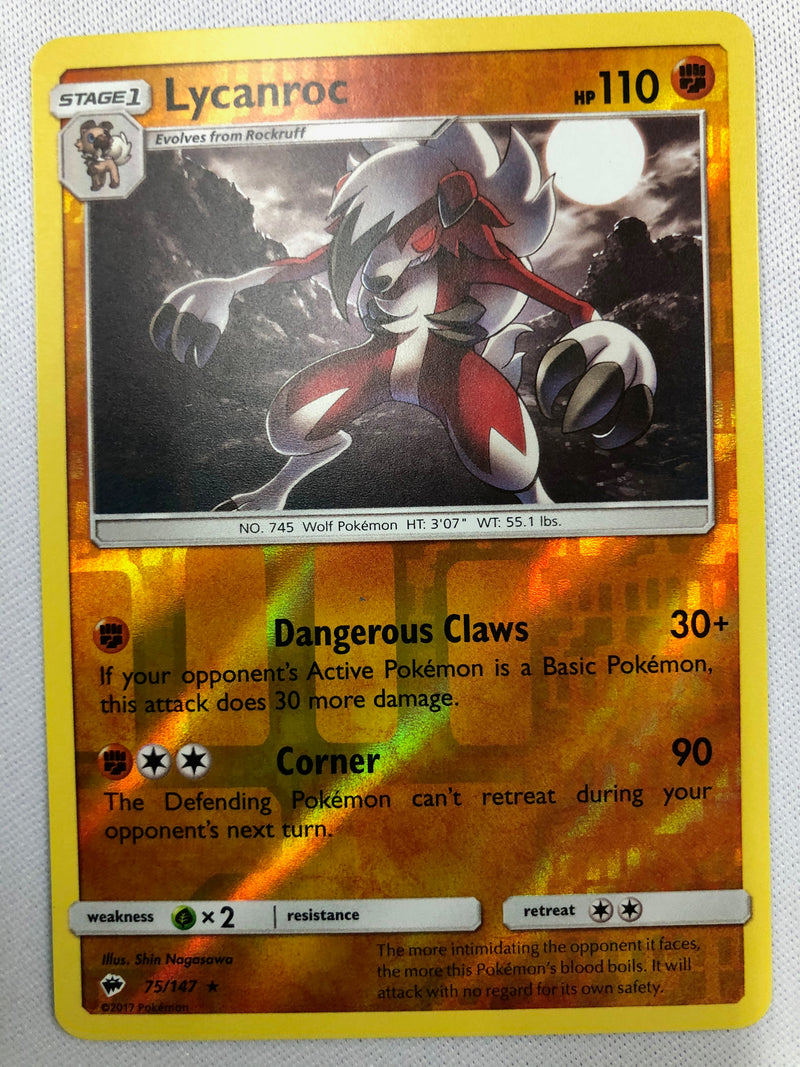 Lycanroc 75/147  Sun and Moon: Burning Shadows Reverse Holo Rare Pokemon Card NM